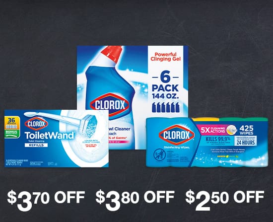 Clorox ToiletWand for $3.70 OFF, Clorox Toilet Bowl Cleaner with Bleach for $2.50 OFF and Clorox Disinfecting Wipes, Variety Pack for $3.80 OFF.